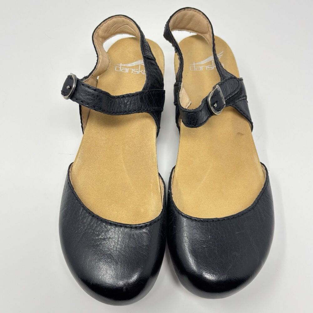 Dansko Tiffani Leather Clog Sandal Women 39 US 8.5 9 Black Wedge Mary Jane Strap - Picture 4 of 7